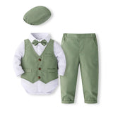 MQTIME  -  5Piece Sets Spring Autumn Newborn Boy Clothes Korean Fashion Gentleman Bodysuit+Vest+Pants+Tie+Hat Baby Luxury Clothing BC1684