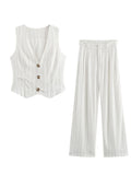 MQTIME  -  Elegant Striped Pants Set Women 2 Piece V-neck Sleeveless Single Breasted Top Wide Leg Trousers Sets 2024 Summer Nes Lady Outfit