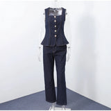 MQTIME  -  Vest Jeans Set Women Square Collar Sleeveless Single Breasted Tank Top High Waist Denim Straight Pant 2025 Summer Lady Slim Suit