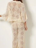 MQTIME  -  2 Piece Sets Knitted Openwork Outfit For Women Summer Casual Beach Suits Loose Single Breasted 3/4 Sleeve Tops And Pants Sets