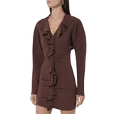  MQTIME  -  Autumn and Winter Hot Selling New V-neck Long Sleeved Solid Color Slim Fit Ruffle Edge Design Dress for Women
