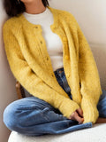  MQTIME  -  New Round Neck Button Knitted Long Sleeve Cardigan Fashion Elegant Items Top Winter Clothes Woman Soft Yellow Warm Sweater Coat