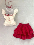 MQTIME  -  Summer Sweet Patchwork Two Piece Set Women Ruffle Lace Tops + Red Pleated Mini Skirt Suit Korea Kawaii Design Bow Cute Outfits