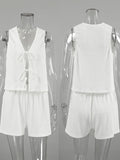 MQTIME  -  Casual Shorts Set For Women 2 Pieces Loose Lace Up V Neck Fashion Solid Sets 2024 Summer Sleeveless Elastic Waist Women's Suit