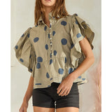 MQTIME  -  Women Button Pleated Lapel Collared Shirt Y2k Polkadot Print Short Flutter Sleeve Crop Top Ruffle Hem Babydoll Blouse