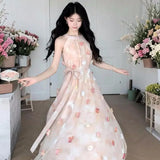 MQTIME  -  Hanging Neck Fairy Dress For Women New Summer Sleeveless Floral Long Dress French Style Vacation Party Dress