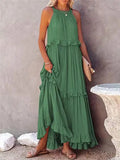 MQTIME  -  Women Boho Solid Color Dress Sleeveless Ruffled Maxi Vestidos Loose Fit Straight Hippie Dresses Layered Princess Robe