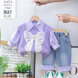 MQTIME  -  2025 Spring New Girls Clothing Set 1-5Y Girls Suit Solid Shirt Matched Bow Knit Vest And Blue Jeans 3 PCs Girls Suit