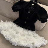 MQTIME  -  European beauty clothing 2025 spring new temperament stand-up collar buttoned stitched mesh short cake skirt dress