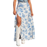 MQTIME  -  Boho Maxi Skirts Femme High Waist Ruffled Split Chic Robes Floral Printing Summer Layered Irregular Hippie Skirts