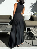 MQTIME  -  Black Dress For Women Summer Sleeveless Fashion Split-Joint High Neck Pleated Bodycon Party Evening Maxi Dresses