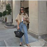 MQTIME  -  Khaki Color Short Cape Style Jackets Women Casual Solid Lapel Full Sleeves Single Breasted Coats Lady Daily Street Outwear New