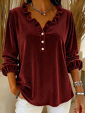 MQTIME  -  New Corduroy Solid Pullovers Elegant Lantern Long Sleeve Loose Tops Autumn New Simple V-neck Ruffles Commute Tops For Women