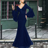 MQTIME  -  Women Long Dress Sexy Flare Sleeve Lace Embroidery Dresses Elegant High Waist Night Vestidos Female Party Evening Maxi Dress