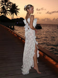 MQTIME  -  Sexy Hollow Out Ruffles Split Long Dress Women Backless See Through Slim Beach Holiday Dresses 2025 Summer Slim Party Lady Robe