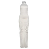 MQTIME  -  Women Elegant Sexy Pleated Bodycon Maxi Party Dress Sequins Turtleneck Halter Backless Front Split Slim Evening Gown Long Robes
