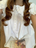  MQTIME  -  Sweet Summer Temperament Loose All Match Solid Peter Pan Collar Puff Sleeve Ruffles Dresses