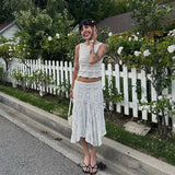  MQTIME  -  Casual Women's Skirt Set O-neck Sleeveless Top Long Skirts Female Lace Sets Summer Vacation Holiday Fashion Lady Outfit