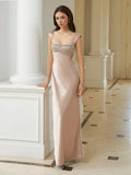 MQTIME  -  Puss Sexy Satin Wedding Dress Women Strap Low-Neck Rhinestone Patchwork Elegant Classic Evening Party Dating Slim Bodycon