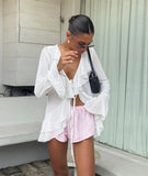 MQTIME  -  Elegant French Style Ruffle Chiffon Blouses Woman's Fashion Deep V Neck Long Sleeve Slim Tops Summer Beach Party Wear