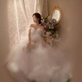 MQTIME  -   Women Elegant Heavy Embroidery White Off Shoulder Train Maternity Wedding Gown for Pregnancy Photo Shoot Studio Portrait Dress