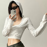 Mqtime Streetwear Solid Color All Match Hooded Long-sleeved T-shirt Women Summer New Korean Pleated Sexy Slim Thin Crop Tops