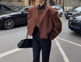 MQTIME  -  Elegant Woolen Patchwork V-neck Buttoned Jacket Short Coat 2025 New Women's Clothing