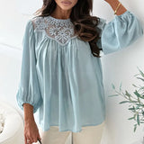 MQTIME  -  New  Spring Elegant O Neck Draped Shirt Fashion Embroidered Lace Hollow Out Blouse WomenSummer Lantern Sleeve Office Ladies Tops