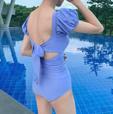 MQTIME  -  Stylish Off Shoulder Puff Sleeve Backless Swimsuit with Tied Waist