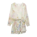  MQTIME  -  Fashion Printed Patchwork Short Dresses Women Elegant Long Sleeve Hollow High Waist Belt Mini Dress Lady Summer Chic Caual Robe