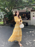 MQTIME  -  Women Print Yellow Mid-calf Dress Deep V Ruffles Flared Sleeve Spring Autumn Female Elastic High Waist Robe