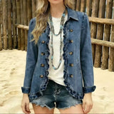 MQTIME  -  Women's Ruffled Denim Jacket Chic Button Slim Fit Short Coat for Spring Autumn Versatile Long Sleeve Solid Color Top