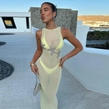 MQTIME  -  3d Starfish See Through Beach Long Dress Women Slim O-neck Sleeveless Backless Lace Up Dresses 2025 Summer Mesh Holiday Robes