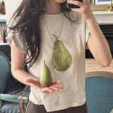 MQTIME  -  Korean Fashion Simple O Neck Short Sleeve Casual T Shirts Y2k Aesthetic Office Lady Fruit Print Fresh Women Clothes Punk Tops