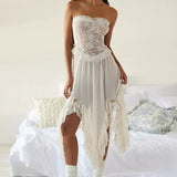 MQTIME  -  Y2K Retro Strapless Tube Iregular Hem Dress Floral Lace Sheer Midi Dress Fairycore Cottage Chic Women Vintage Streetwear