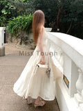 MQTIME  -  Summer White French Vintage Dress Women Lace Ruffles Kawaii Sweet Mini Dress Female Ruched Bandage Korean Fashion Strap Dress