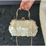  MQTIME  -  Elegant Shell Sequined Clutch Bag, Gold Handle Purse With Metal Flower Frame, Women Clamp Design Handbag For Wedding Party Gift