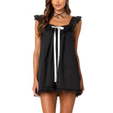 MQTIME  -  Women Mini Dress Lace Trim Fly Sleeve Bowknot Embellished Short Dress Summer Fashion Casual Dress