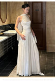 MQTIME  -  White French Style Evening Dress Sleeveless Silk Ribbon Pleated Slim Formal Occasion Dressing Gown Wedding Bridal Toast Dress