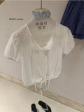  MQTIME  -  French Summer Drawstring Puff Sleeve Single Breasted Loose Lace-up Puff Women Shirt