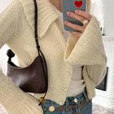 MQTIME  -  Chic Doll Collar Knitted Cardigan for Women Solid Single Breasted Female Sweater 2024 Autumn Long Flare Sleeves Lady Knitwear