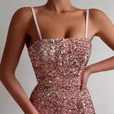MQTIME  -  Women's Fashion Backless Wrap Hip Short Dresses New Suspender Hollowed Out Slim Club Dress Shiny Sequins High Waist Mini Dress