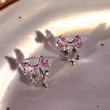 Mqtime Y2K Bowknot Zircon Stud Earrings for Women Fashion Korean Silver Color Pink Crystal Personality Earring Girl Party Jewelry Gifts