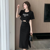 MQTIME  -  2024 Summer New Celebrity Luxury Short sleeved T-shirt Slimming High Waist Wrapped Hip Dress Fashion Two Piece Set for Women