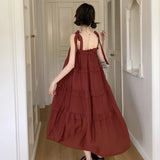 MQTIME  - Summer Korean Patchwork Solid Color Loose Sleeveless Slip Dress Femme Sweet Pleated Lacing Bow Princess Dress New Women Clothes