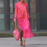 MQTIME  -  Sexy Leopard Printed Long Sleeve Vestidos Dress Fashion Stand Collar Loose Commute Robes Elegant Lady Pocket Side Split Dresses
