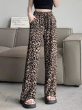 MQTIME  -   Leopard Print Wide Leg Pants For Women'S Summer Thin Ice Silk High Waisted Draped Loose Straight Casual Floor Mop Pants