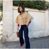 MQTIME  -  Khaki Color Short Cape Style Jackets Women Casual Solid Lapel Full Sleeves Single Breasted Coats Lady Daily Street Outwear New