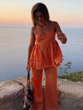  MQTIME  -  Orange Drawstring Women Wide Leg Pants Suit Elegant Sleeveless Ruffles Pleated Hem Sling Tops Lady Two Piece Set Street Outfits