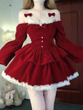  MQTIME  -  Winter Christmas New Year Red Slim Dress Women Fashion Elegant Off Shoulder Velvet Dresses Vintage Warm Bow Design Full Dress